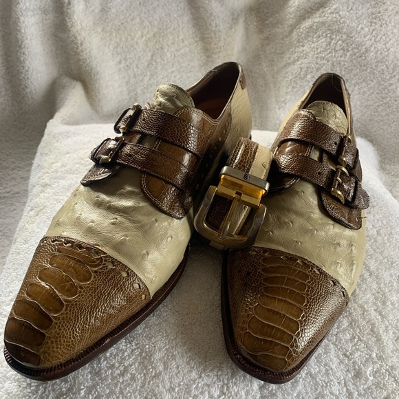 Two-tone dress shoe of Genuine Ostrich/Crocodile,Double buckle and matching belt - Picture 3 of 4